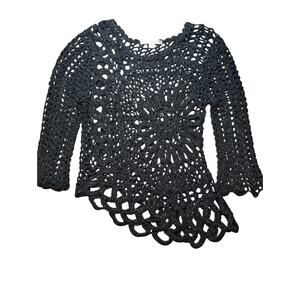 Black Crochet Top Bell Sleeve Sheet Lace Boho Festival Goth Asymmetrical